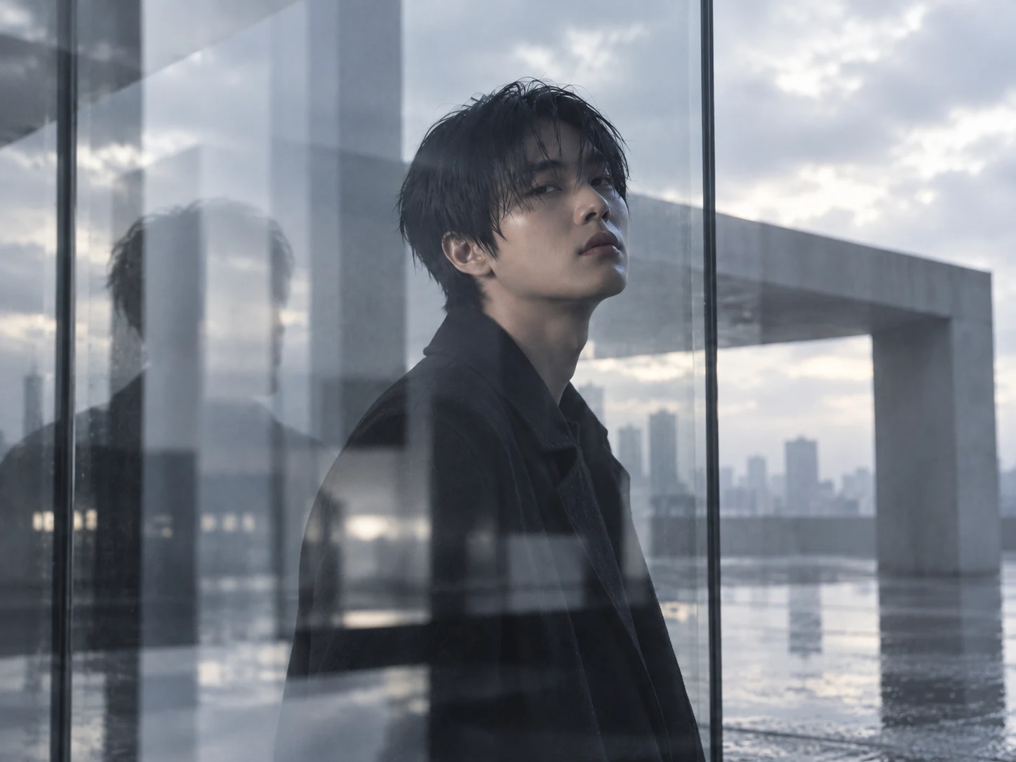 NOIR WAVE의 전신 에디토리얼 화보 이미지 — 젖은 콘크리트와 유리 공간
