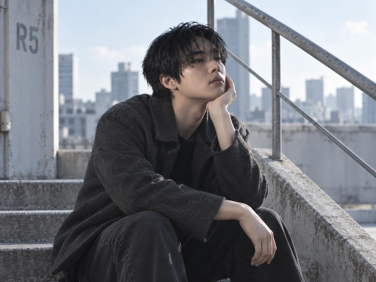 도시 계단 위에 앉아 있는 NOIR WAVE의 앨범 자켓형 캠페인 에디토리얼 사진